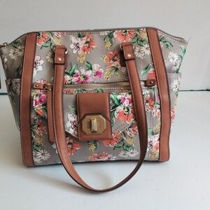 Rossetti Floral Gray Tote with Tan Trim and Gold Accent New